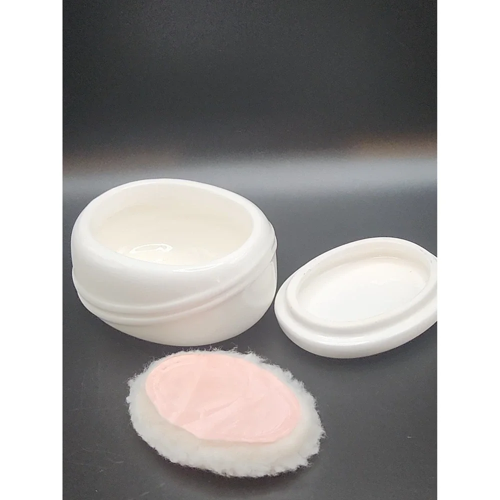 Vtg 80s Empty Coty Sophia White Milk Glass Powder Jar With Original Oval Puff
